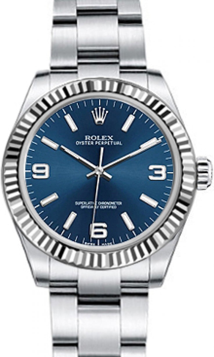 Rolex Oyster Perpetual 31 Ladies 177234-BLUSAO 31mm Blue Arabic Fluted White Gold Stainless Steel NEW