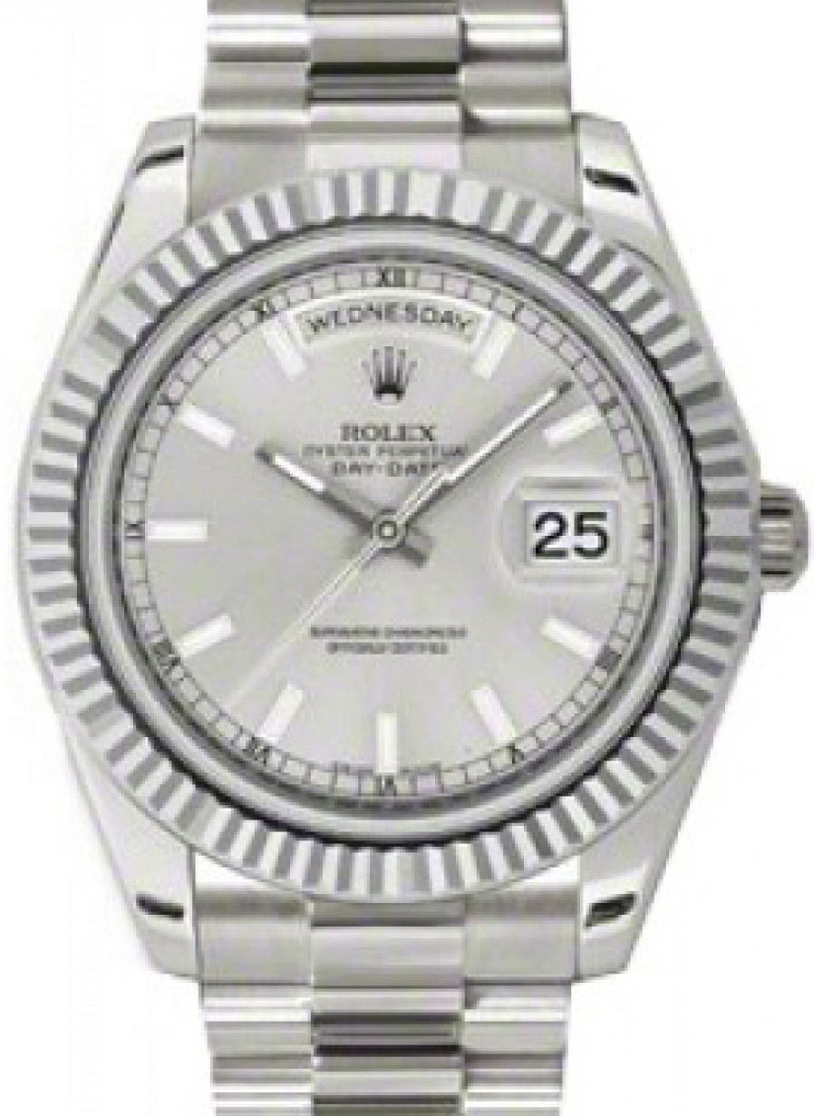 Rolex Day-Date II 218239-SLVSFP 41mm Silver Index Fluted White Gold President BRAND NEW