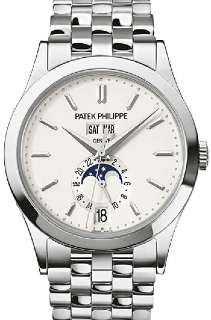 Patek Philippe Complications Day-Date Annual Calendar Moon Phase Silver  Opaline Index Dial White Gold Bezel & Bracelet 38.5mm 5396/1G-010 - BRAND  NEW
