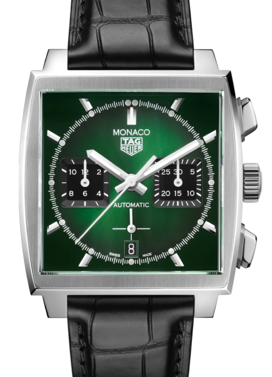 Heuer NEW - Stainless Tag BRAND Monaco CBL2116.FC6497 Leather Dial Green Strap 39mm Index & Steel