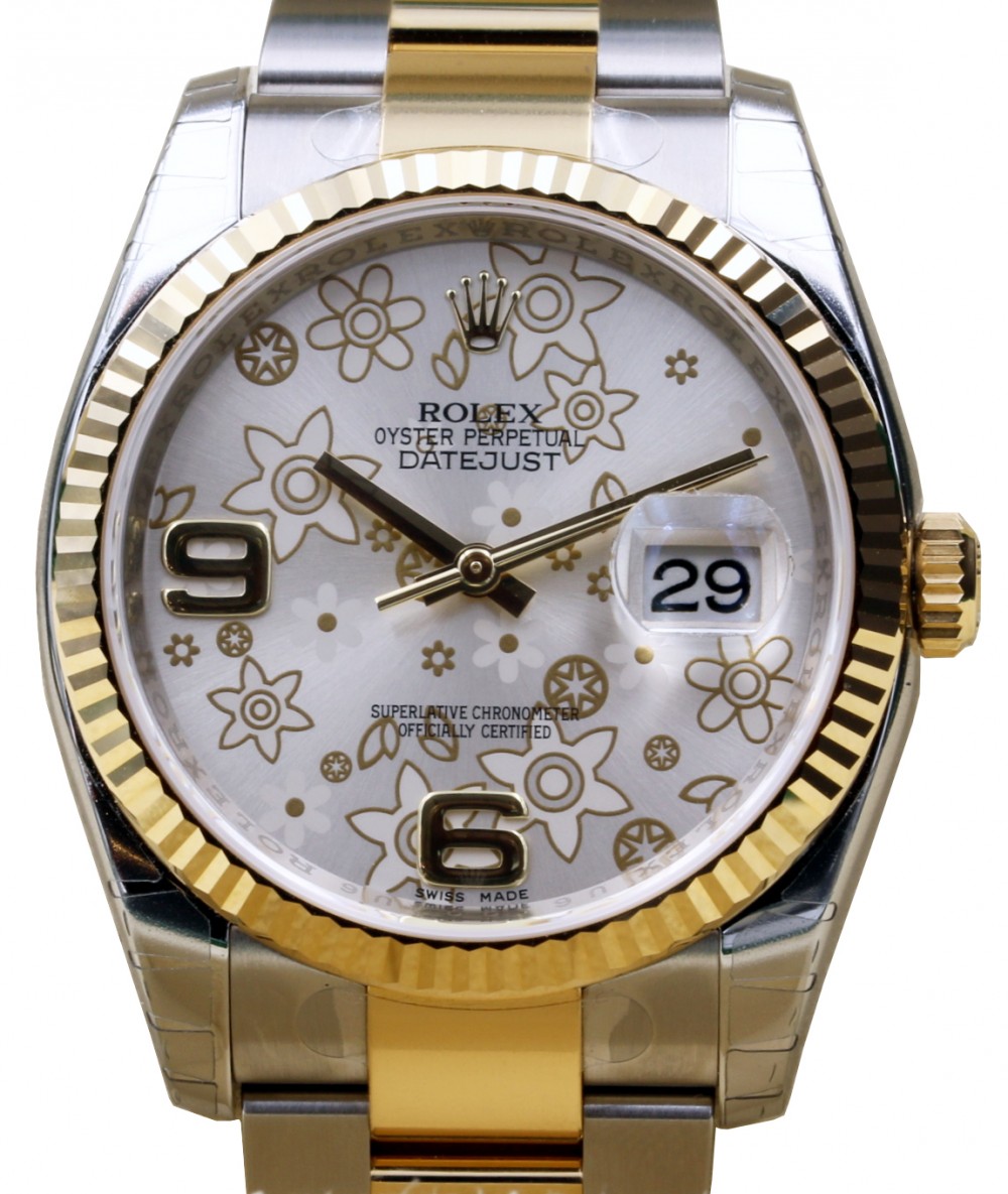 Rolex Datejust 36 116233-SLVFFO Silver Floral Arabic Fluted Yellow