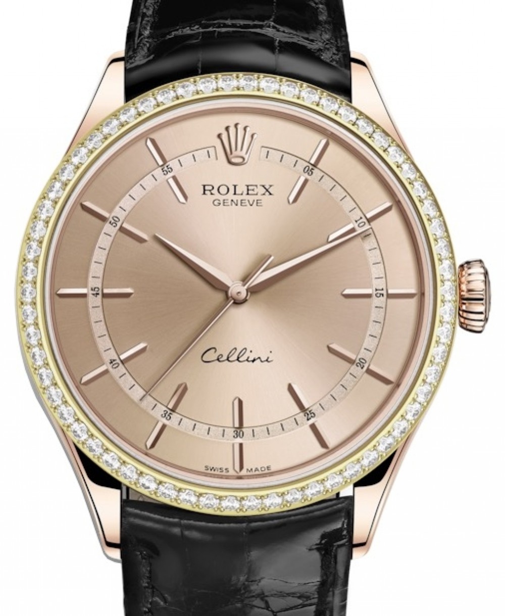 Rolex Cellini Time Rose Gold Pink Index Dial Diamond Bezel Black Leather Bracelet 50705RBR ...