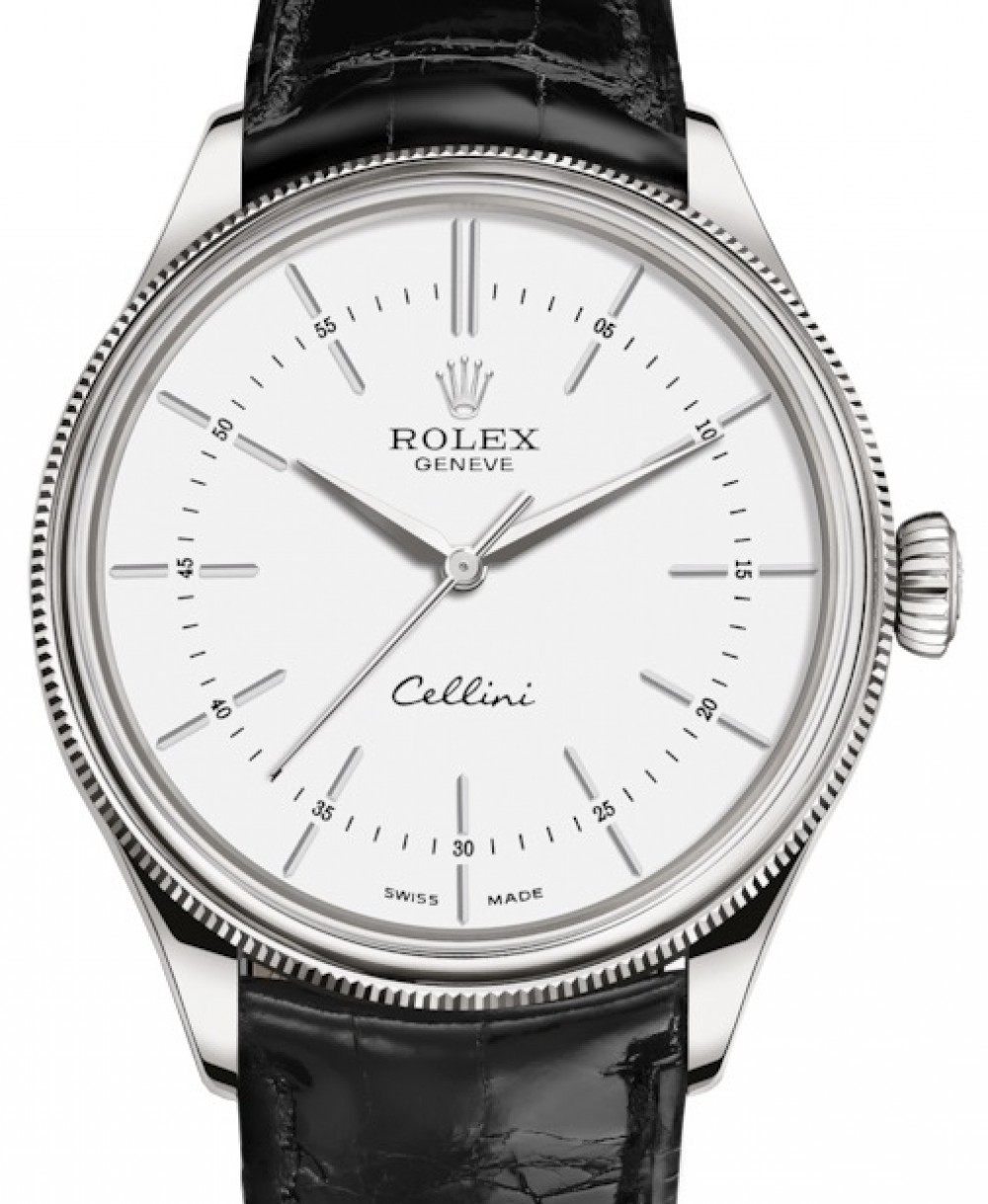 Rolex Cellini Time White Gold Index Dial Domed & Fluted Double Bezel Black Leather Bracelet 50509 - BRAND NEW