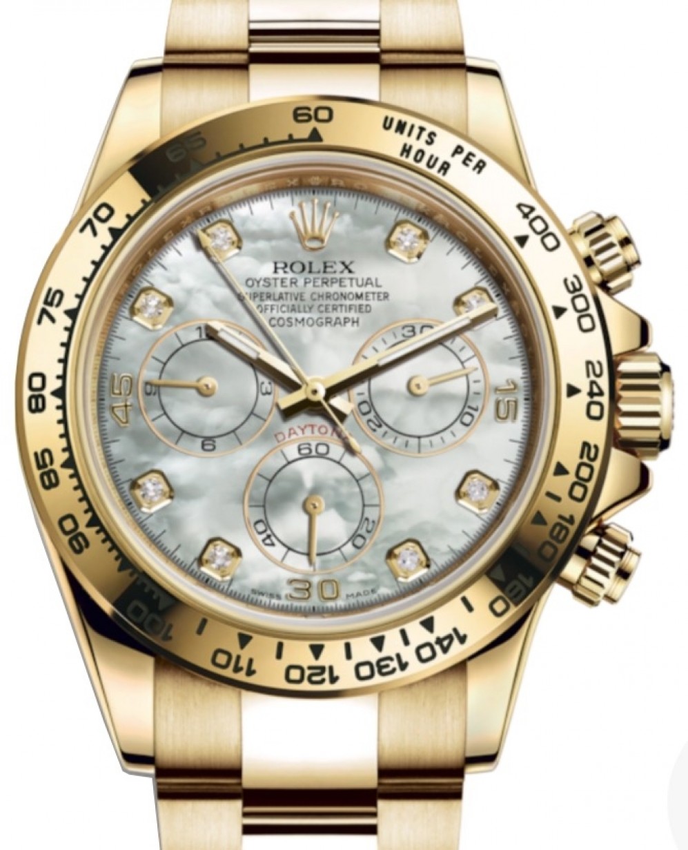 Rolex Cosmograph Daytona 116508 White Mother of Pearl Diamond Tachymetre Yellow Oyster BRAND NEW