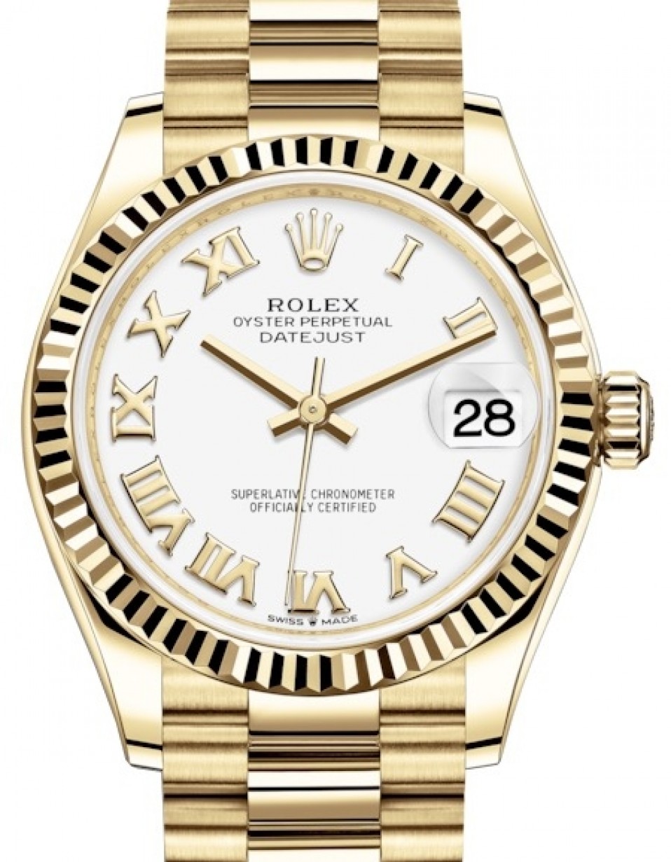 Rolex Lady-Datejust 31 Yellow Gold White Roman Dial & Fluted Bezel Bracelet 278278 BRAND NEW