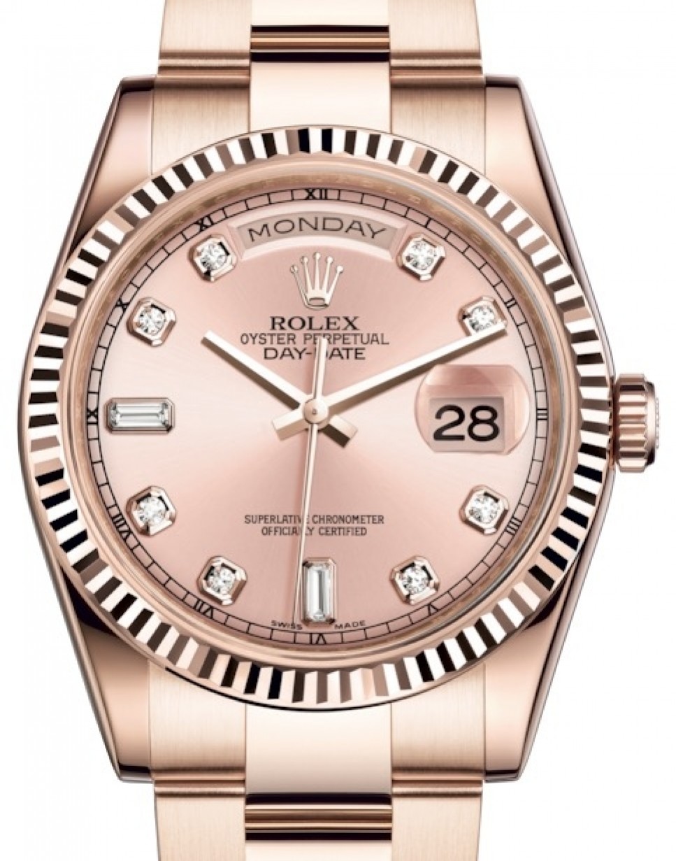 Rolex Day-Date 36 Rose Gold Pink Diamond Dial & Fluted Bezel Oyster Bracelet 118235 - BRAND NEW