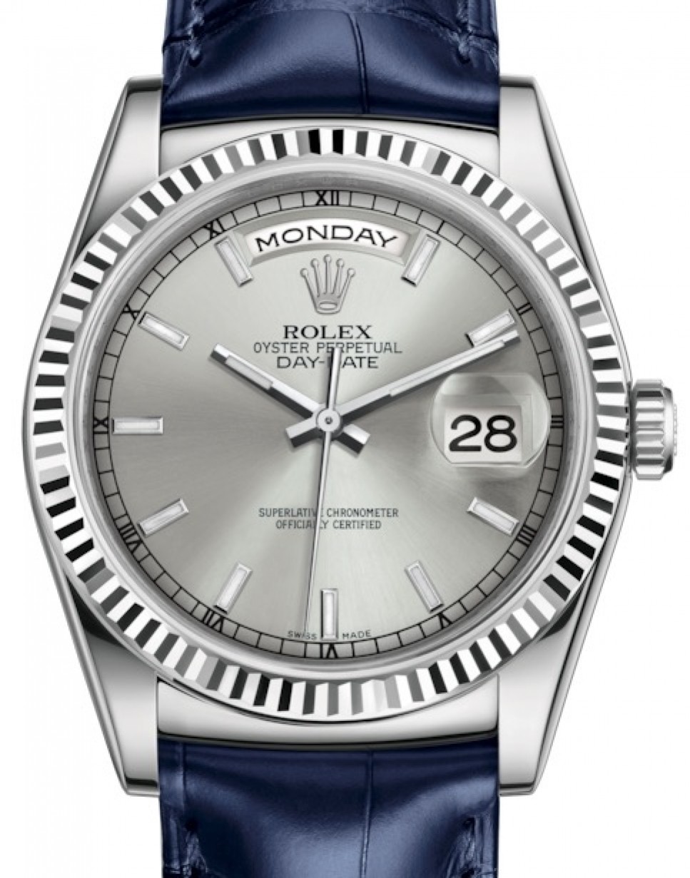 Rolex Day-Date 36 Gold Silver Index Dial Fluted Blue Leather Strap 118139 - BRAND NEW