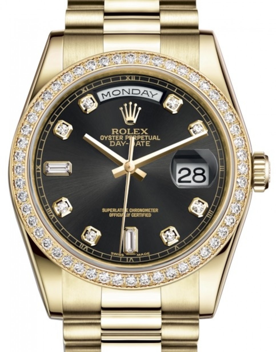 undervandsbåd Sygdom Fælles valg Rolex Day-Date 36 Yellow Gold Black Diamond Dial & Diamond Bezel President  Bracelet 118348 - BRAND NEW