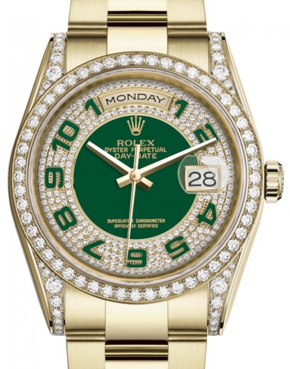 Rolex Day-Date 36 Yellow Gold Green Diamond Paved Arabic Dial & Diamond Set & Bezel Oyster Bracelet 118388 - BRAND NEW