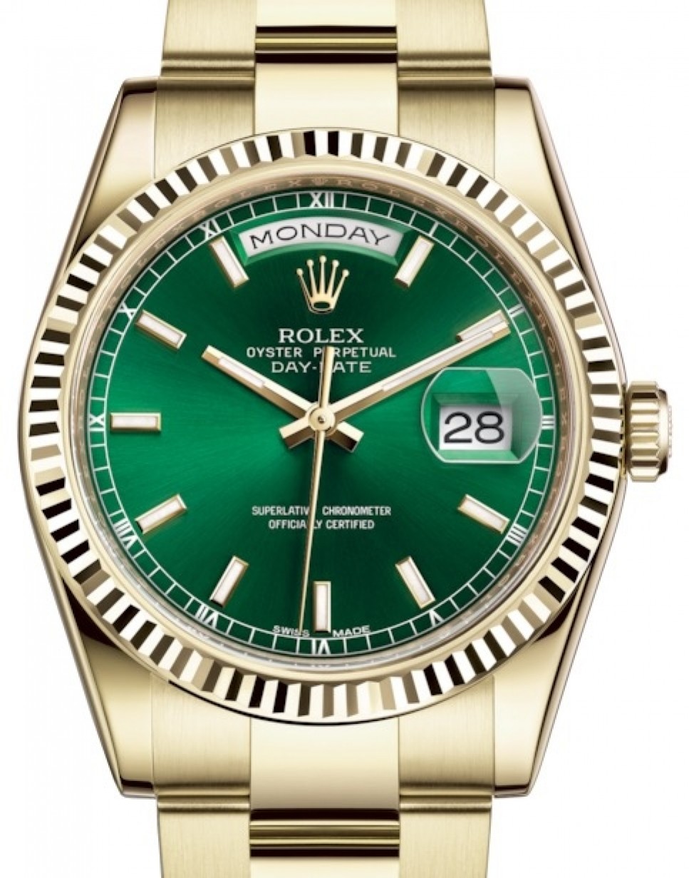 Rolex Day-Date 36 Yellow Green Dial & Fluted Bezel Oyster 118238 - NEW