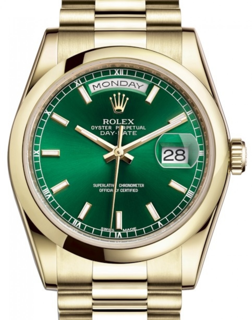 Rolex Day-Date Yellow Gold Green Dial & Smooth Domed Bezel 118208