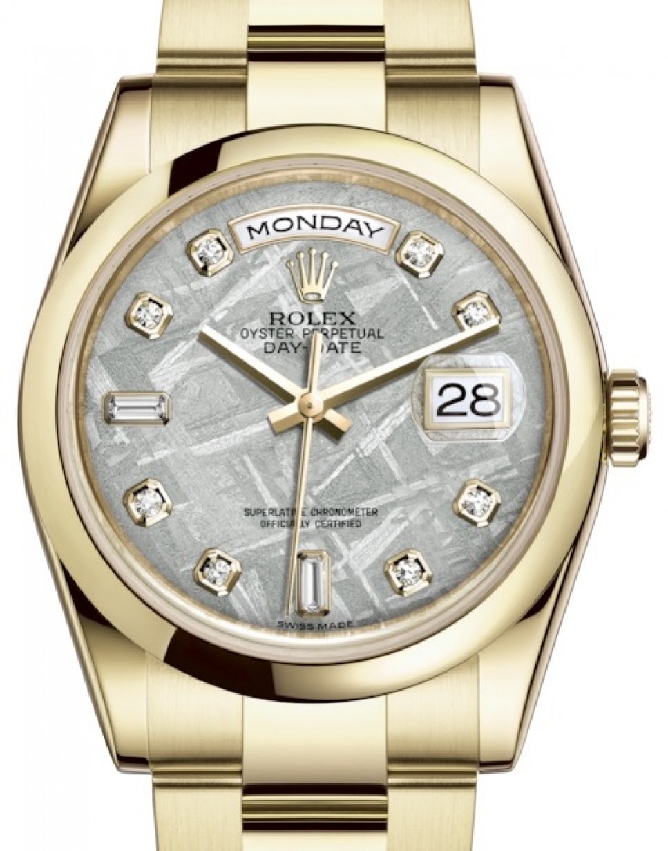 Rolex Day-Date 36 Yellow Gold Meteorite Diamond Dial & Smooth Bezel Oyster Bracelet 118208 - BRAND NEW