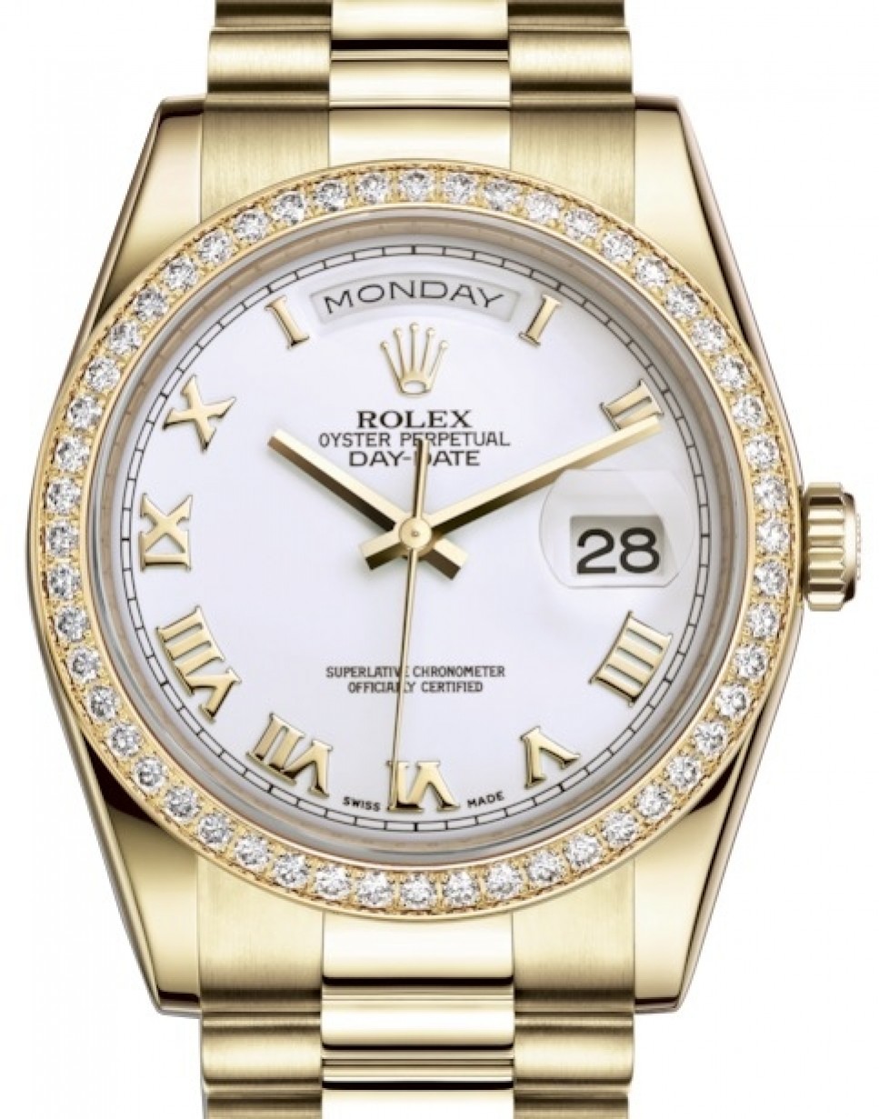 Rolex 36 Yellow Gold White Roman Dial & Diamond Bezel President Bracelet 118348 - BRAND NEW