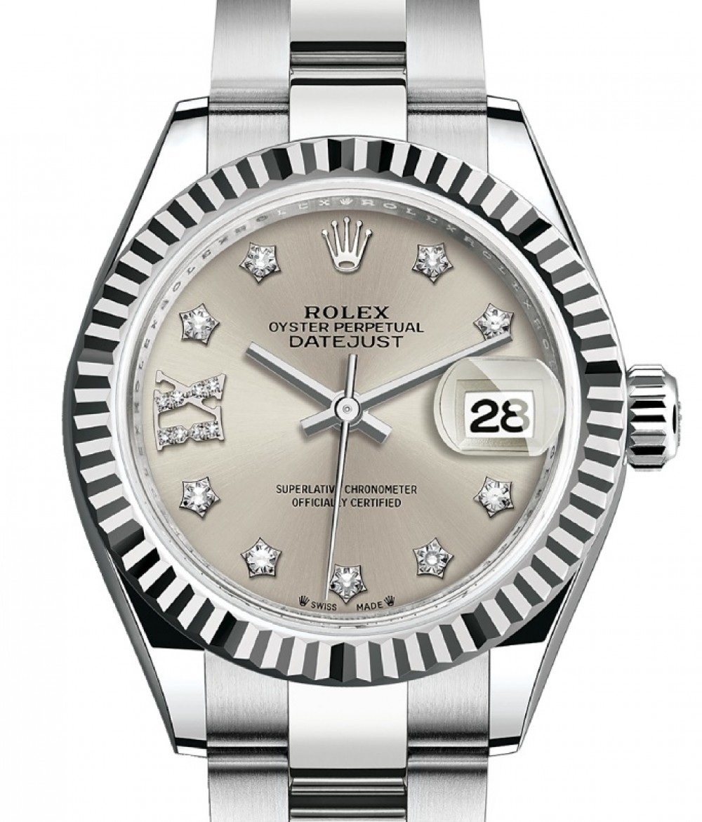 vejledning familie Signal Rolex Lady-Datejust 28 279174 Silver Diamond IX Fluted White Gold Stainless  Steel Oyster 28mm Automatic - BRAND NEW