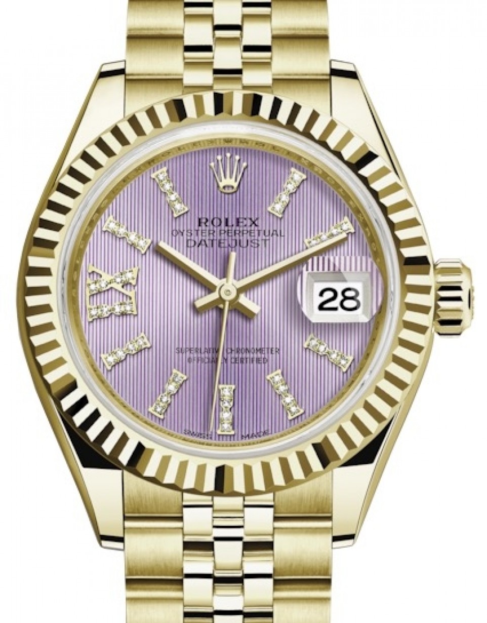 Rolex Lady Datejust 28 Yellow Gold Lilac Diamond Index/Roman IX Dial &  Fluted Bezel Jubilee Bracelet 279178 - BRAND NEW