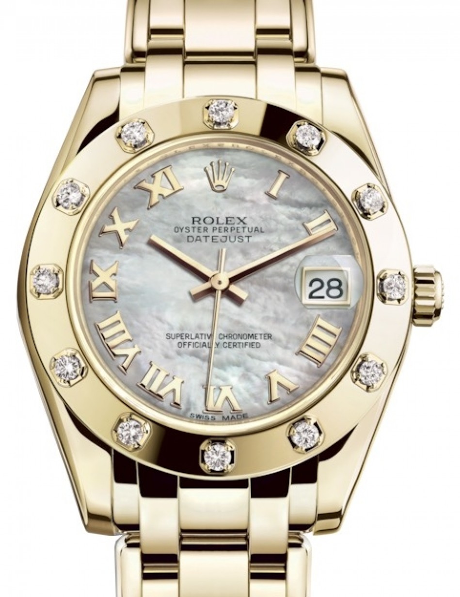 Rolex Pearlmaster 34 81318 White Mother of Pearl Roman Yellow Gold ...