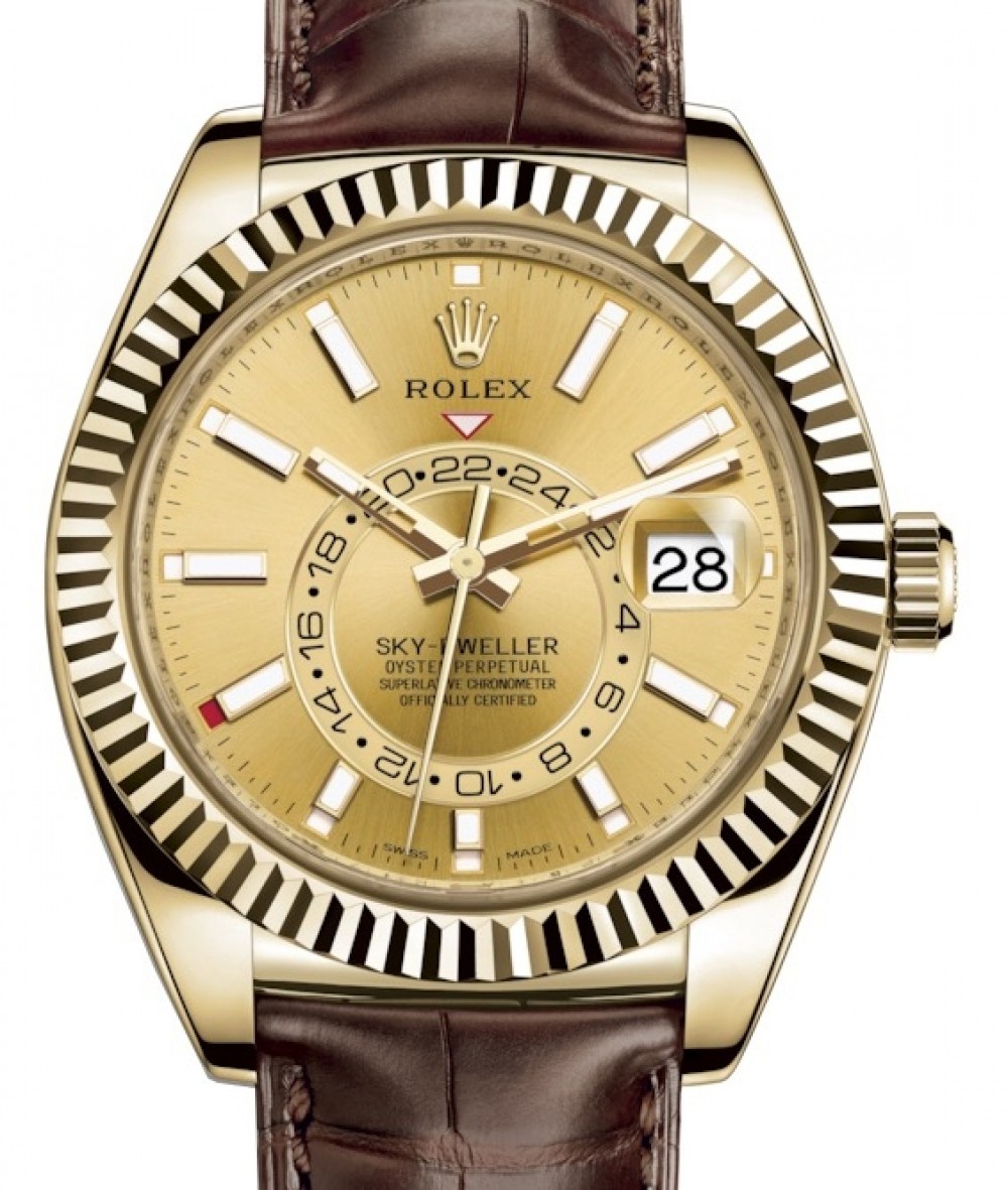 Rolex Sky Dweller Yellow Gold Champagne Index Dial Fluted Bezel Leather Strap 326138 Brand New