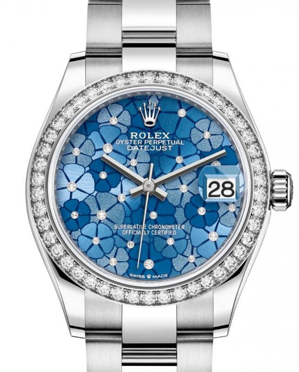 Rolex Datejust 31 White Gold/Steel Blue Floral Motif Diamond Dial Diamond Bezel Oyster Bracelet 278384RBR - NEW