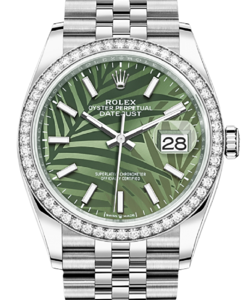 Rolex Datejust 36 Stainless Steel Green Palm Motif Diamond Bezel Jubilee Bracelet - BRAND NEW