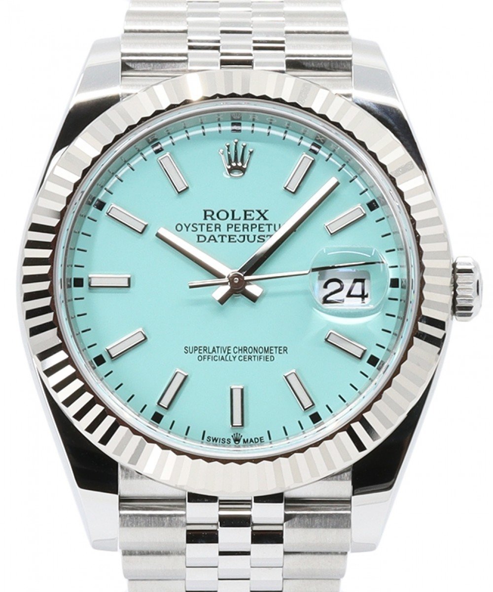 Rolex Datejust 41 White Gold/Steel Custom Turquoise "Tiffany" Index Dial Fluted Bezel Jubilee 126334 - BRAND NEW
