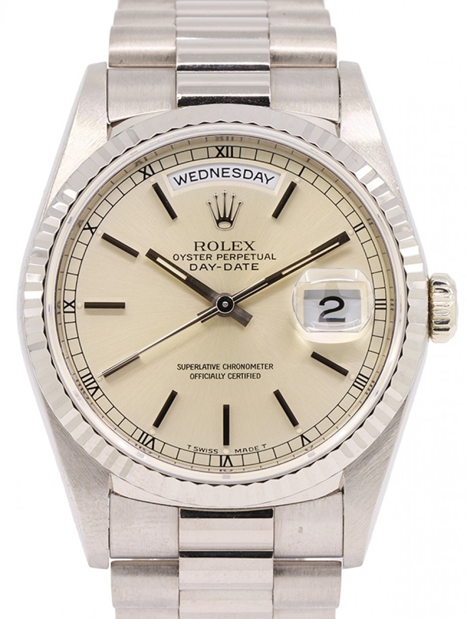 Day-Date 36 White Gold Silver Index Dial & Fluted Bezel President Bracelet 18239 - PRE-OWNED