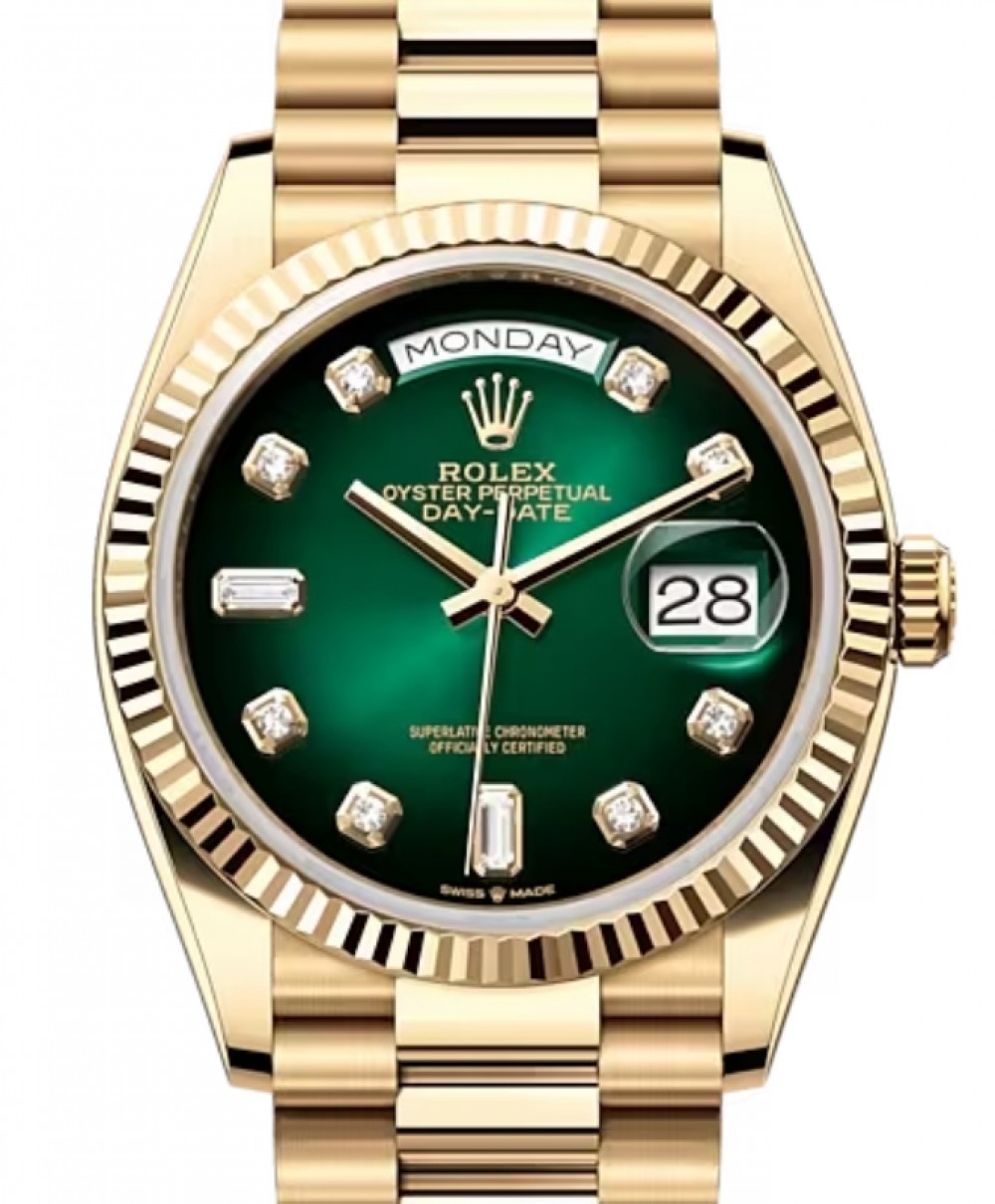 stereoanlæg forsigtigt had Rolex Day-Date 36 Yellow Gold Green Ombre Diamond Dial & Fluted Bezel  President Bracelet 128238 - BRAND NEW