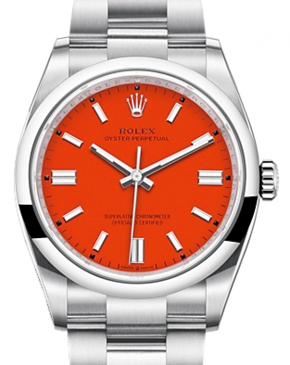 Rolex Oyster 36 Stainless Steel Coral Red Index Dial & Smooth Domed Bezel Oyster Bracelet 126000 - BRAND NEW