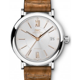 IWC Schaffhausen IW458101 Portofino Automatic 37 Silver Plated Diamond  Stainless Steel Brown Leather 37mm Automatic