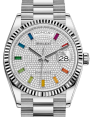 Product Image: Rolex Day-Date 36 White Gold Diamond Paved Rainbow Colored Sapphires Dial & Fluted Bezel President Bracelet 128239 - BRAND NEW