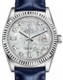 Product Image: Rolex Day-Date 36 White Gold White Mother of Pearl Diamond Dial & Fluted Bezel Blue Leather Strap 118139 - BRAND NEW