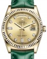 Product Image: Rolex Day-Date 36 Yellow Gold Champagne Diamond Dial & Fluted Bezel Green Leather Strap 118138 - BRAND NEW