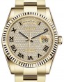 Product Image: Rolex Day-Date 36 Yellow Gold Diamond Paved Roman Dial & Fluted Bezel Oyster Bracelet 118238 - BRAND NEW