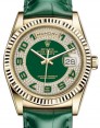 Product Image: Rolex Day-Date 36 Yellow Gold Green Diamond Paved Arabic Dial & Fluted Bezel Green Leather Strap 118138 - BRAND NEW