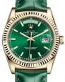Product Image: Rolex Day-Date 36 Yellow Gold Green Index Dial & Fluted Bezel Green Leather Strap 118138 - BRAND NEW
