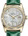 Product Image: Rolex Day-Date 36 Yellow Gold White Mother of Pearl Diamond Dial & Fluted Bezel Green Leather Strap 118138 - BRAND NEW