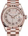 Product Image: Rolex Lady Datejust 28 Rose Gold Diamond Paved Roman Dial & Fluted Bezel President Bracelet 279175 - BRAND NEW
