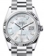 Product Image: Rolex Day-Date 36 President Platinum White Mother of Pearl Baguette Diamond Dial Fluted Bezel 128236