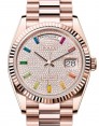 Product Image: Rolex Day-Date 36 President Rose Gold Diamond Paved Rainbow Colored Sapphires Dial Fluted Bezel 128235 - BRAND NEW