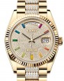 Product Image: Rolex Day-Date 36 President Yellow Gold Rainbow Colored Sapphires Dial Fluted Bezel Diamond Bracelet 128238 - BRAND NEW