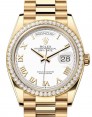 Product Image: Rolex Day-Date 36 President Yellow Gold White Roman Dial Diamond Bezel 128348RBR - BRAND NEW