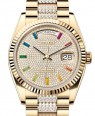Product Image: Rolex Day-Date 36 Yellow Gold Diamond Paved Rainbow Colored Sapphires Dial & Fluted Bezel Diamond Set President Bracelet 128238 - BRAND NEW