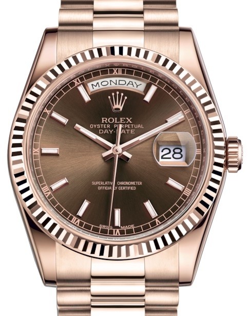 Rolex Day-Date 36 Rose Gold Chocolate Index Dial & Fluted Bezel ...