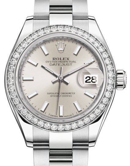 Rolex Lady-Datejust 28 279384RBR Silver Index Diamond Bezel Stainless ...