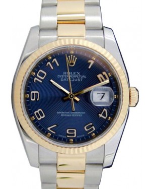 Rolex Datejust 36 116233-BLCAFO Blue Concentric Arabic Fluted Yellow Gold Stainless Steel Oyster