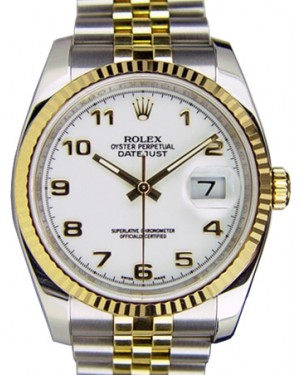 Rolex Datejust 36 116233-WHTAFJ White Arabic Fluted Yellow Gold Stainless Steel Jubilee
