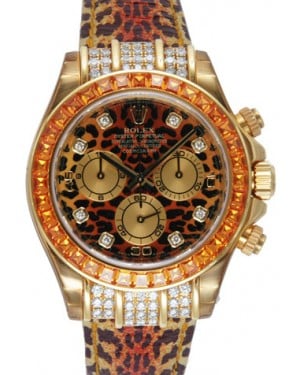 Rolex Daytona Yellow Gold "Leopard" Diamond Orange Dial Leather Strap 116598