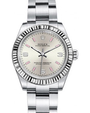 Rolex Oyster Perpetual 31 Ladies Midsize White Gold/Steel Silver Arabic / Pink Index Dial Fluted Bezel & Oyster Bracelet 177234 - BRAND NEW