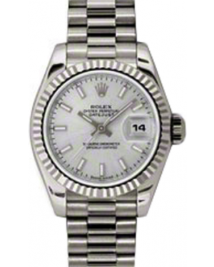 Rolex Lady-Datejust 26 179179-SLVSP Silver Index Fluted White Gold President - BRAND NEW