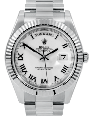 Rolex Day-Date II 41mm White Roman Fluted White Gold President 218239