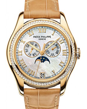 Patek Philippe 4936J-001 Complications Ladies Annual Calendar Moon Phase 37mm White Mother of Pearl Roman Diamond Bezel Yellow Gold Leather Date BRAND NEW